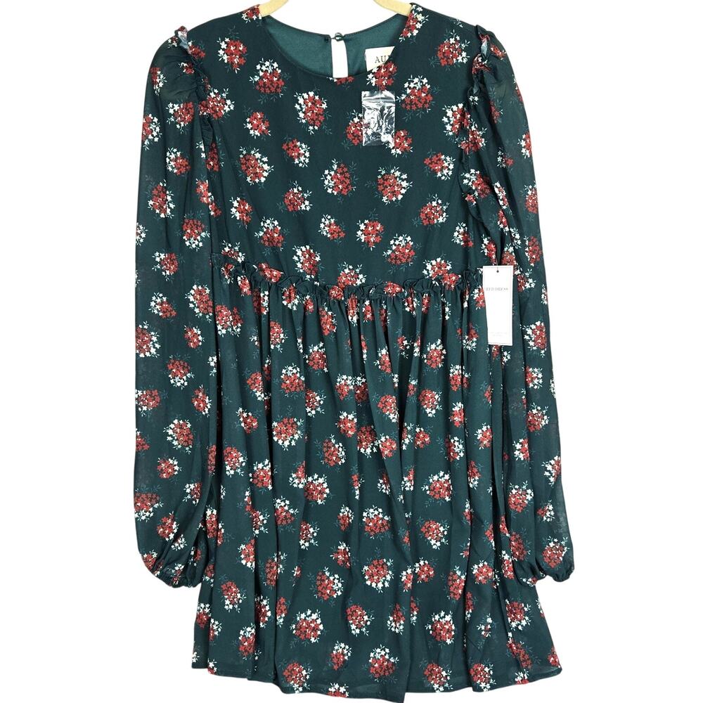 Aura Party Dress S Green Red Floral Long Sleeve Lined Ruffle Whimsy Fairy NWT